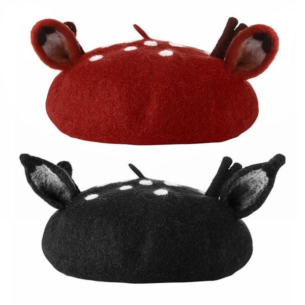 

berets women christmas beret cap cute 3d reindeer antler ears faux felt painter hat 2xpd, Blue;gray