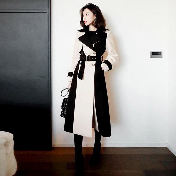 

the new spring winter 2020 female in long over-the-knee cloth coat temperament waist woolen cloth coat, Black