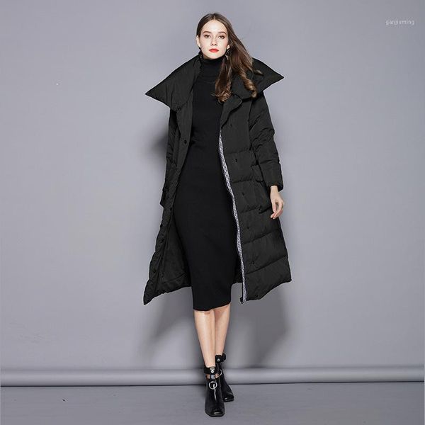 

fyyiyi 2019 down jacket female long section large lapel thickening white duck down jacket winter casual female body temperament1, Black