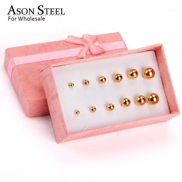 

stud asonsteel earring men rose gold round ball stainless steel 6pairs/box sets fashion small jewelry for women brinco1, Golden;silver