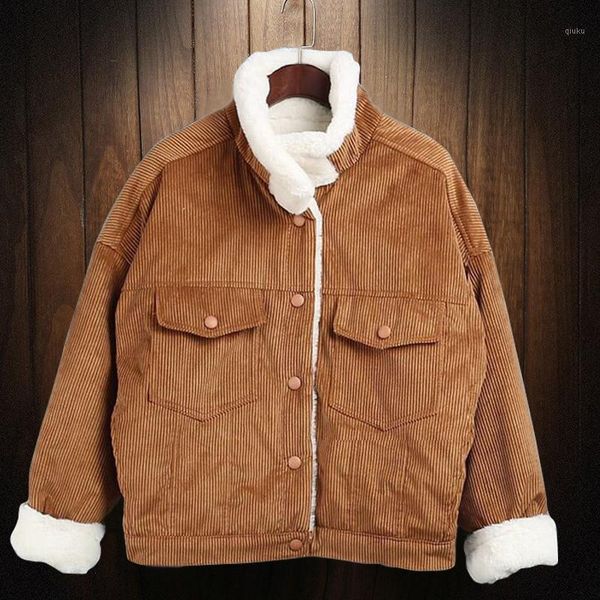 

casual vintage women outerwear autumn winter corduroy women's jacket lamb fur lining warm coat female bomber jacket student 1, Black;brown
