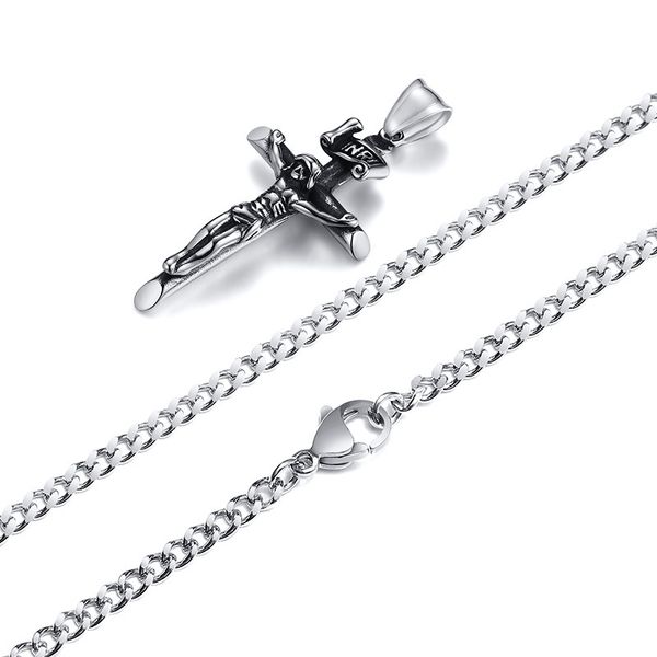 

2021 new jewelry religious stainless steel jesus christ crucifixion cross pendant necklace chain 24 inch, Silver