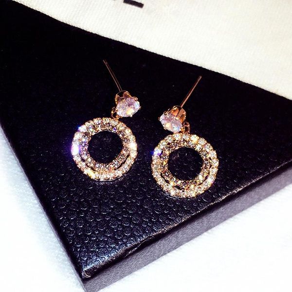 

stud korean trendy full rhinestone hollow earrings for women transparent zirconia cz wedding bridal pendant accessories, Golden;silver