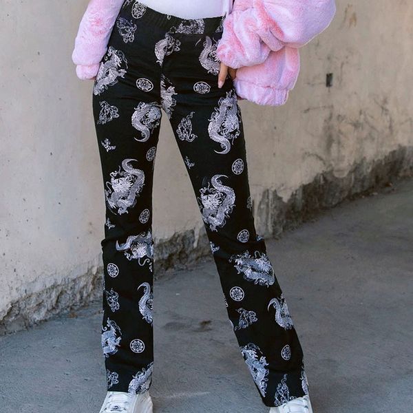 

harajuku pants women chinese style dragon pattern aesthetic grunge pants straight casual elastic waist high street punk trousers t200422, Black;white