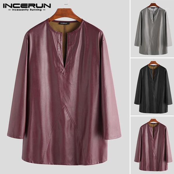 

retro shirts men pu leather deep v neck long sleeve leisure men cosplay costumes solid color long shirts no belt s-5xl incerun1, White;black