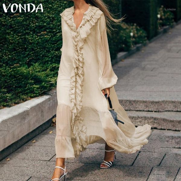 

vonda women dress casual solid color long sleeve v neck pleated dresses summer ruffled long vestidos plus size beach sundress1, Black;gray