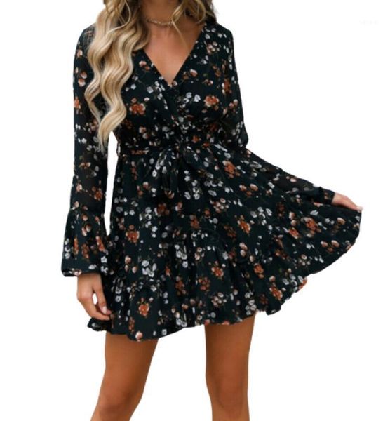 

women summer bohemian dress v-neck floral printed loose dress long regular sleeve sashes chiffon mini1, Black;gray