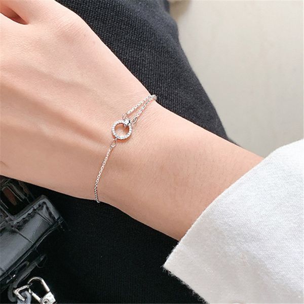 

925 sterling silver micro inlaid cz circle link chain charm bracelet for women wedding party jewelry gifts sl501, Black