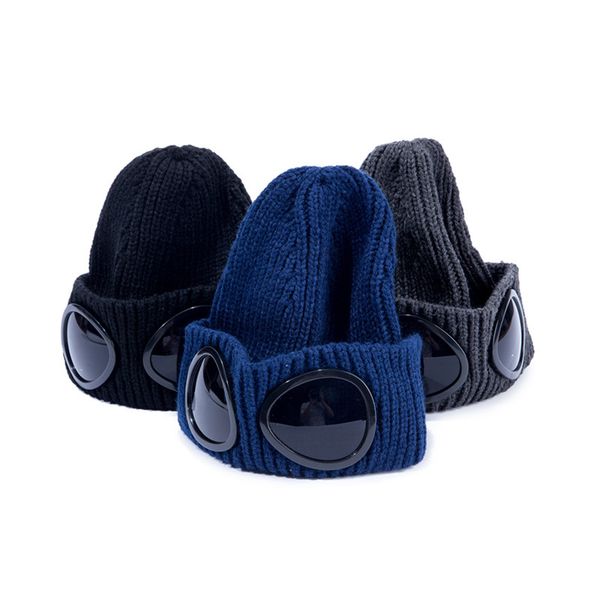 

hats two glasses goggles beanies men autumn winter thick knitted skull caps outdoor sports hats women black grey, Blue;gray