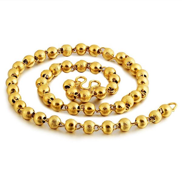 

chains 24k yellow gold 8mm round bead pendant for men 60cm buddha hollow ball sand fine jewelry wedding birthday gifts, Silver