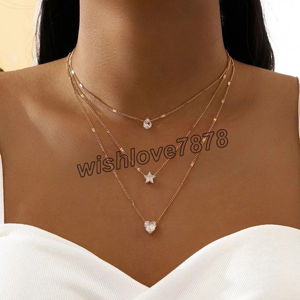 

gold color heart star water drop pendant necklace multi-layers choker necklace jewelry, Silver