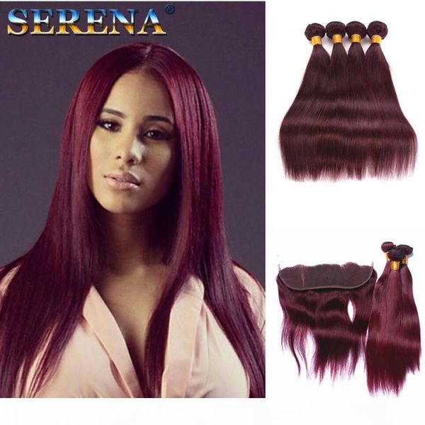

brazilian burgundy hair with lace frontal closure 13x4 inch silk straight #99j wine red human hair bundles with ear to ear full frontals, Black;brown