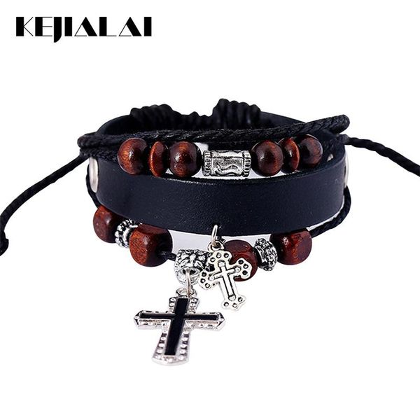 

leather cross bracelet vintage handmade punk bangle cuff genuine leather wooden bead charm bracelets women, Black