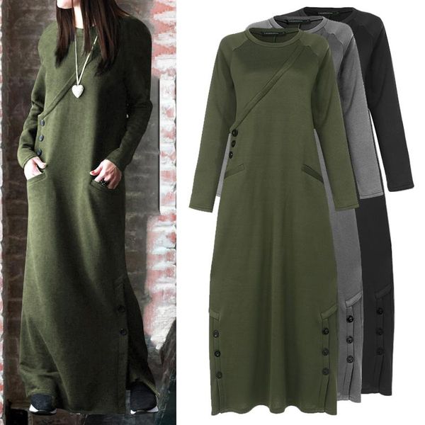 

celmia women winter sweatshirt dress autumn fleece maxi vestidos casual loose long sleeve button pullovers long dresses robe 5xl, Black;gray