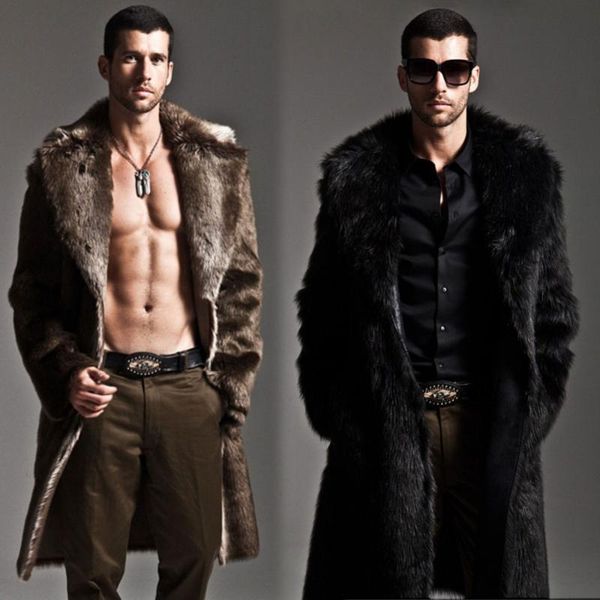 

men fur coat winter faux fur outwear on one sides coat men punk parka jackets long leather overcoats genuine brand clothing, Black