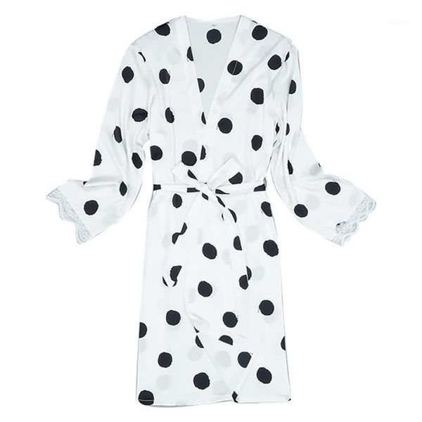 

women bridesmaid robes satin fashion ladies dot printing lace pajamas sleepwear robe long sleeve ropa femenina #351, Black;red