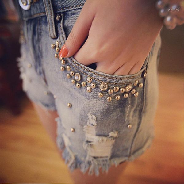 

women's jeans clobee 2021 summer women diamond beading denim shorts ladies mori girl short feminino1, Blue