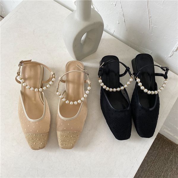 

shoes string bead woman's slippers square toe slides low fashion 2020 cover luxury block pu basic rome scandals hoof heels y1120, Black