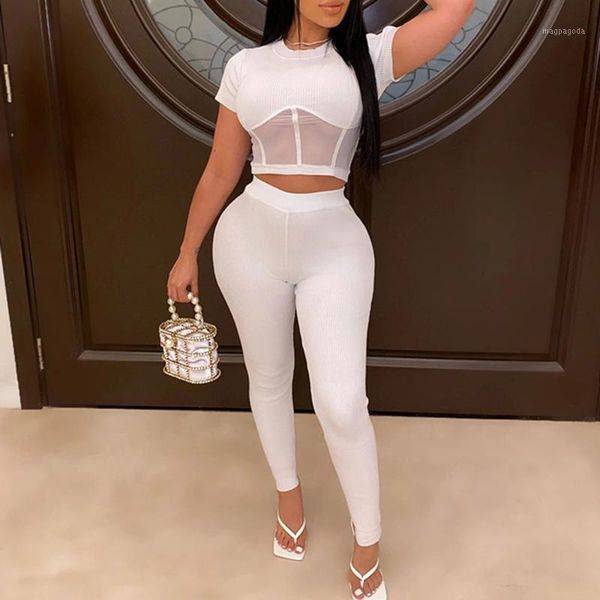 

african women sport two piece sets combine net yarn leisure suit pullover short mesh see-through patchwork t-shirt pant1, Gray