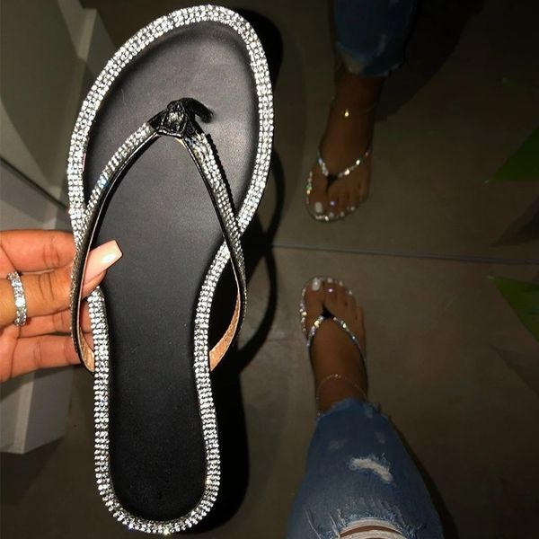 

women slippers crystal bling open toe summer slip on flat slides beach thong shoes female flip flops casual fashion plus size y200423, Black