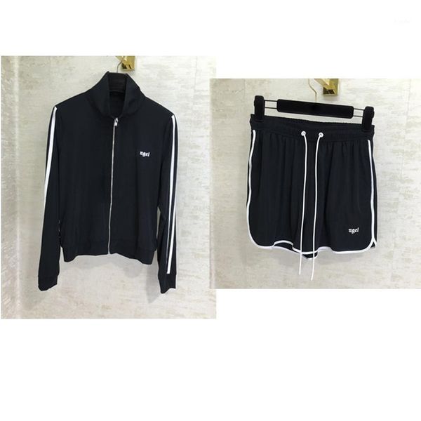 

6.17 summer new sports suits women long sleeve striped patchwork zipper jacket with elastic waist shorts casual 2 piece set1, White