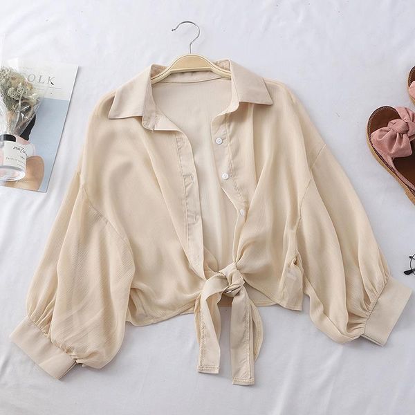 

chiffon shirts women 2020 summer half sleeve buttoned up shirt loose casual blouse tied waist elegant blouses for women, White