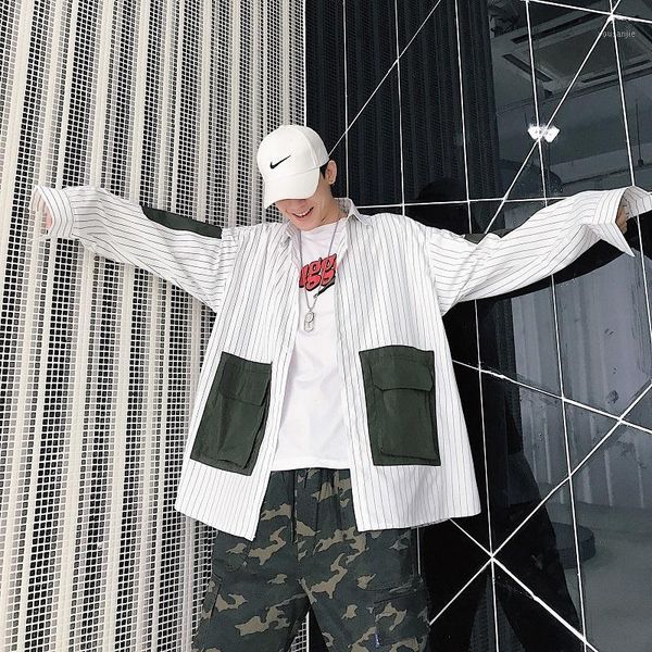 

2019 spring korean campus wind fashion trend casual couple men's long sleeve striped three-dimensional large pocket shirt loose1, White;black