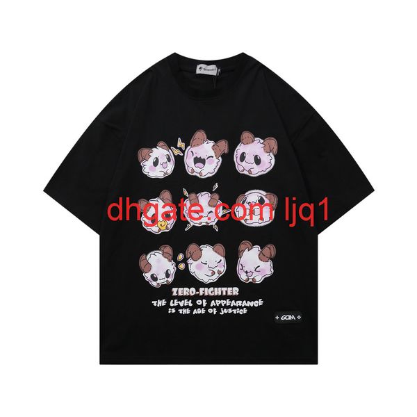 

cartoon sheep print short sleeve t-shirt men's fashion brand round neck 5-sleeve harajuku fashion loose half sleeve, White;black