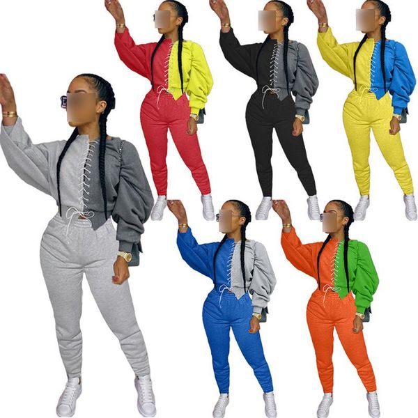 

women's tracksuits 2021 women 2pcs sweatershirt+pants outfits sets female bandage color block fashion ladies hoodie clothing suit, Gray