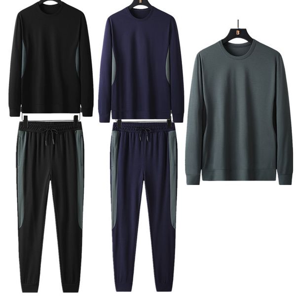 

sportswear round neck sweater pattern solid color splicing long sleeve men's corset casual pants, Gray