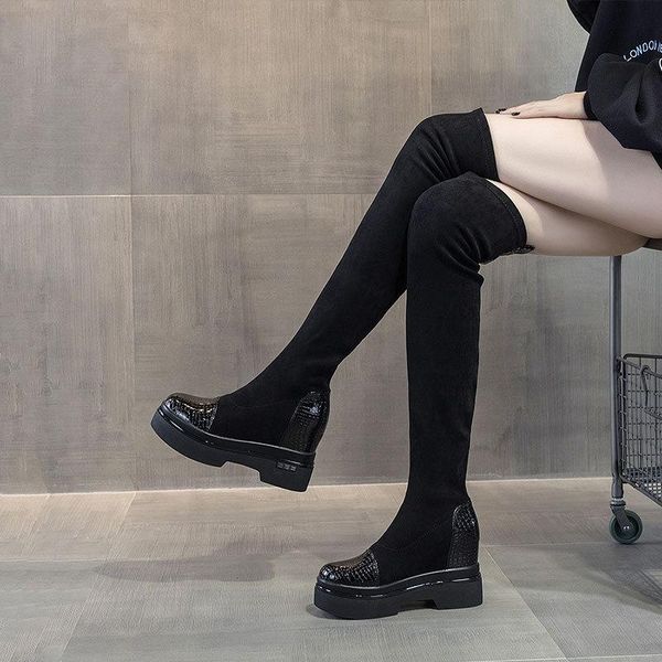 

2020 осенью и зимняя кашемировая колен загрузки детей толщиной нижний увеличение рукава повседневная модная обувь женские платформы каблуки, Black