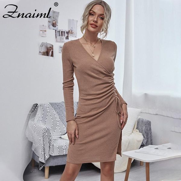 

znaiml v-neck ribbed knitted bodycon dress for women solid long sleeve office ladies form fitted pencil knee-length dresses, Black;gray