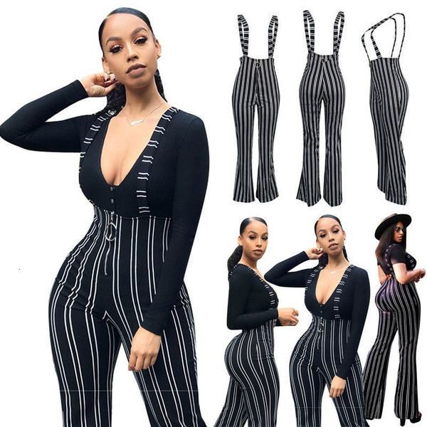 

women clubwear trouser playsuit bodycon party jumpsuit stripe suspender flared, Black;white
