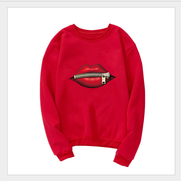 

women's new leisure sports fitness sweater long sleeve loose versatile outdoor running sweatshirt 3d big red lip zipper print, Black;blue
