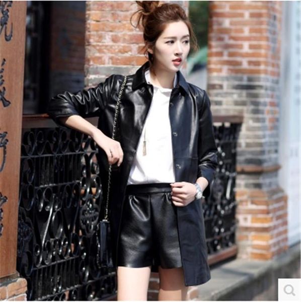 

new spring and autumn women three quarter sleeve sheepskin trench, Tan;black