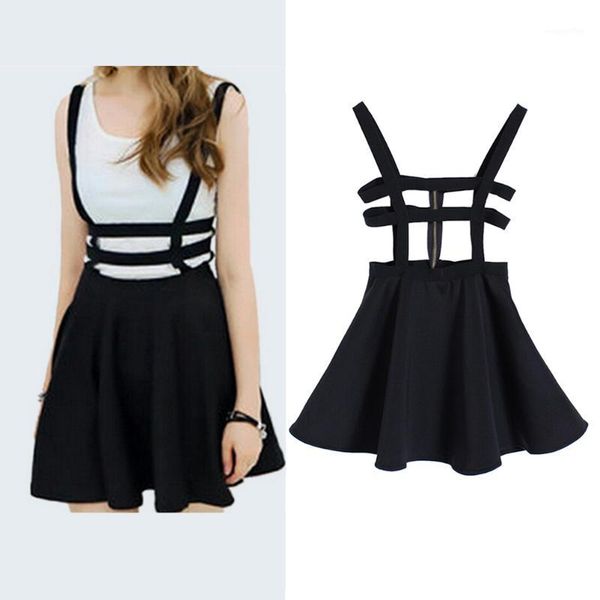 

women back zipper hollow out skirt girl ruffles skater pleated short braces skirt preppy style black suspender skirts1