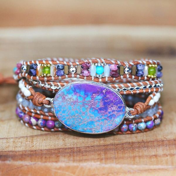 

tennis 2021 unique women wrap bracelets natural stones 5 layers boho leather femme gift jewelry drop, Golden;silver
