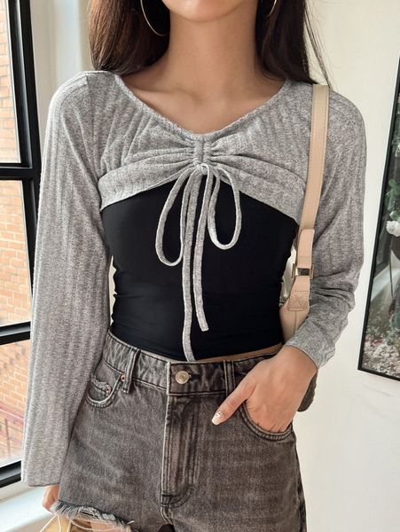 

dazy 1pc marled drawstring super crop o5sr#, White