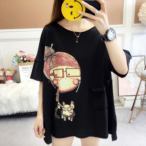 

women fashion brand summer vintage patchwork cartoon little girl print sweet short sleeve t shirt female casual tee tshirt, White