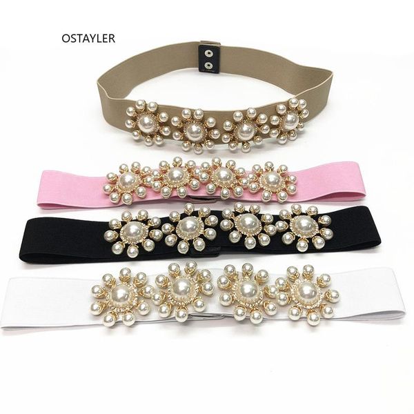 

2020 new design elastic pearl waist belts women european ladies fashion flower pearl corset stretch waistband dress decoration, Black;brown