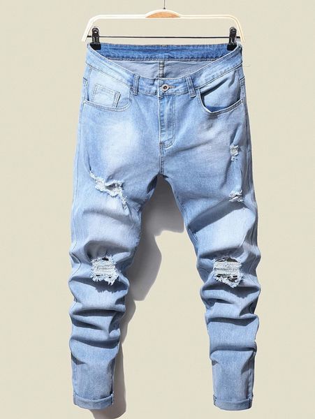

men bleach wash ripped frayed tapered jeans o655#, Blue
