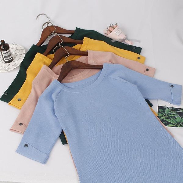

2021 new spring autumn women sweater half sleeves knitted fashion knitted with button female pullover sweater, White;black