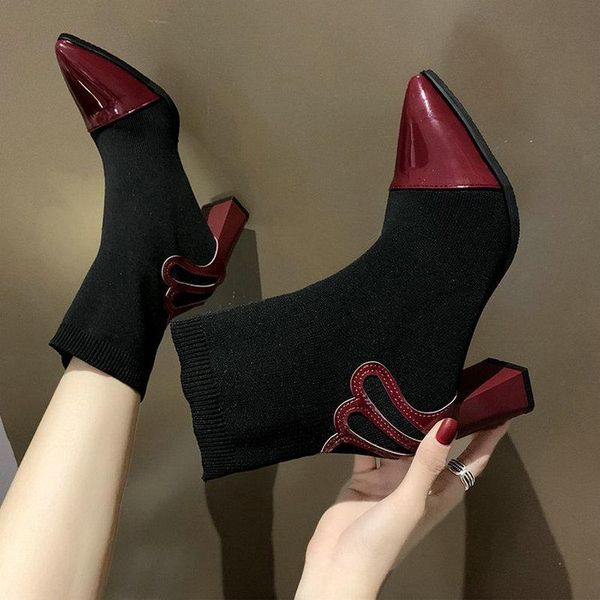 

female booties high heels  cm high heels women sock knitting ankle boots pointed toe footwear a63-44 jy, Black