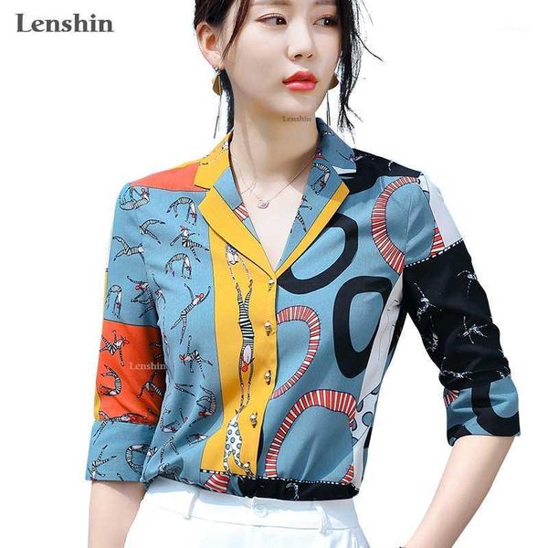 

lenshin half sleeve multicolor print shirts for women soft blouse work wear office lady summer female chemise1, White