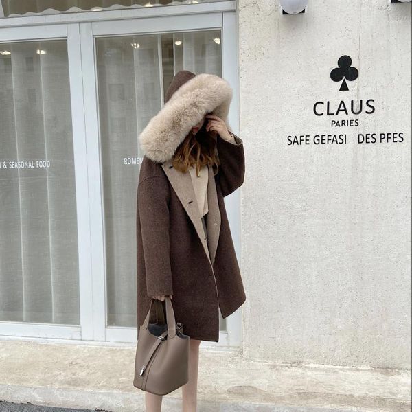 

new arrival autumn winter women real wool loose coat with real fur collar plus size single button cashmere blend hooded coat1, Black