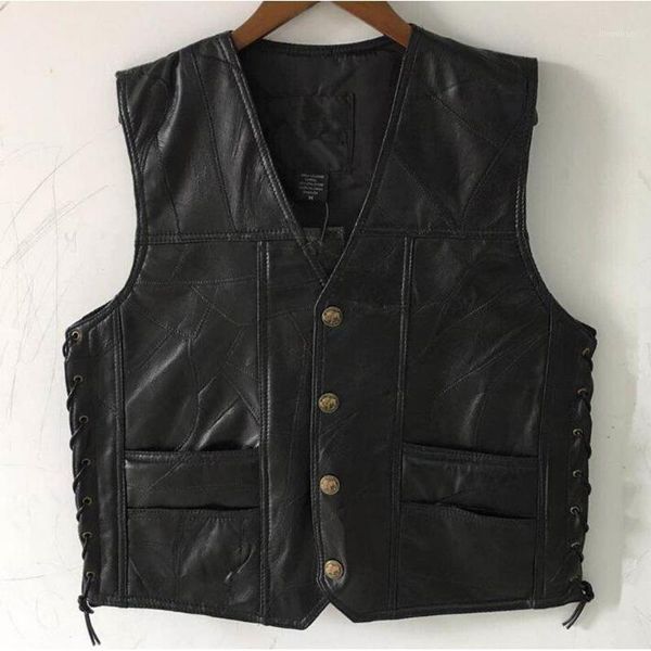 

motorcycle vest leather men's waistcoat male biker genuine leather button lace up autumn sleeveless jacket for men1, Black;white
