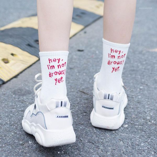 

women funny halajuku humored word printed socks creative heels sokken hip hop street skateboard basket ball socks crew1, Black;white