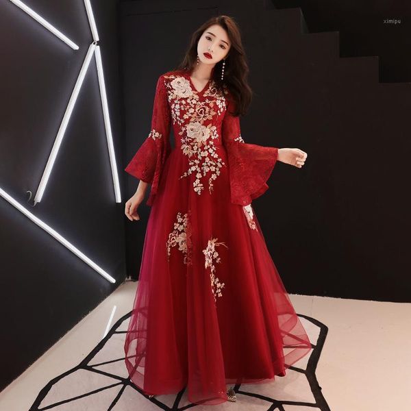 

burgundy chinese style bride dress floral v-neck elegant women wedding evening party dresses gown floor length vestidos xs-3xl1, Red