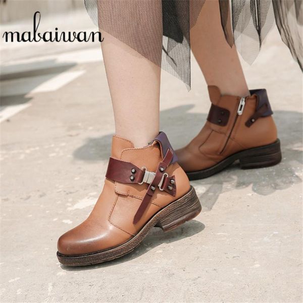 

boots mabaiwan fashion rivets woman ankle brown genuine leather zipper warm shoes women winter autumn rivet retro short, Black