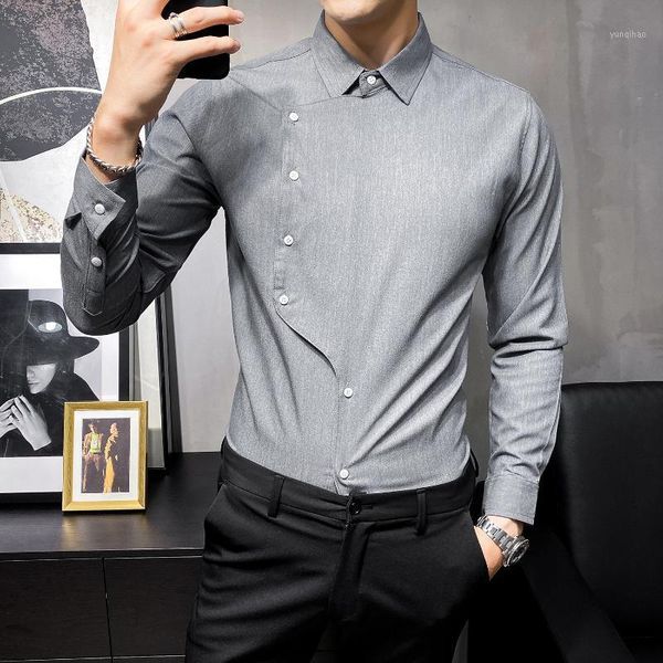 

men's tuxedo shirt side closure solid long sleeve blouse male 2020 autumn clothing casual slim fit white shirts camisas hombre1, White;black